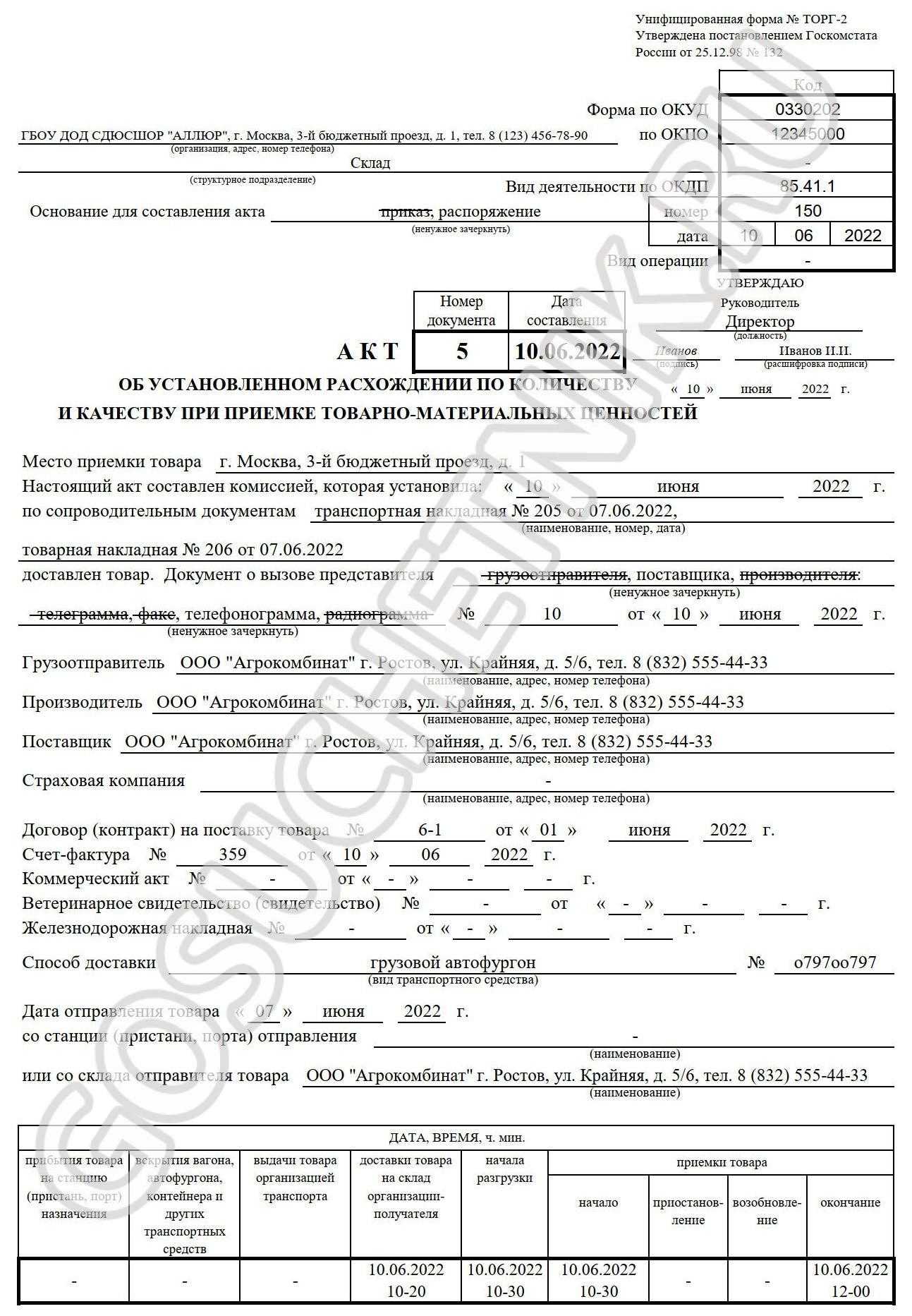 Торг 2. Какой акт составляется в случае обнаружения недостающей емкости.