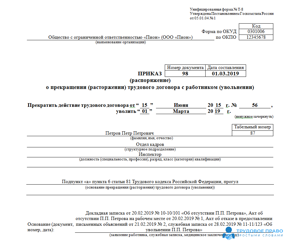 Увольнение за прогул статья 81 тк рф приказ образец