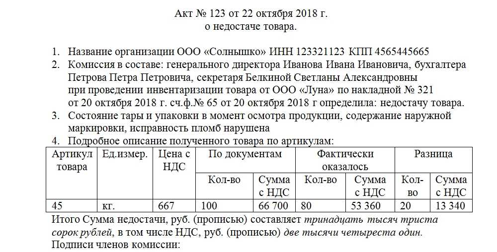 Акт о браке при приемке товара образец