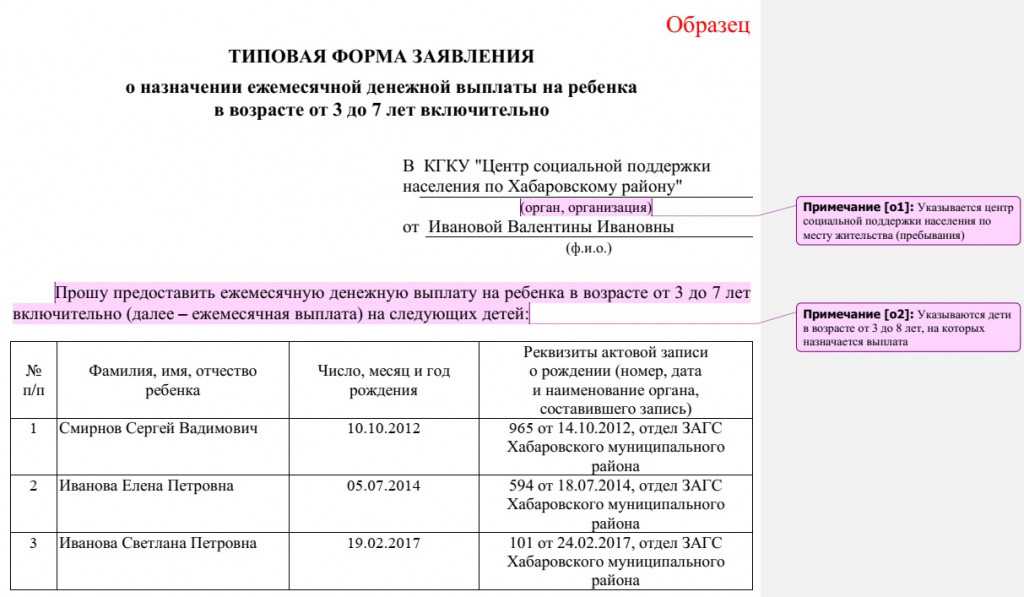 Как заполнить заявление на получение пособия на ребенка от 8 до 17 лет образец заполнения